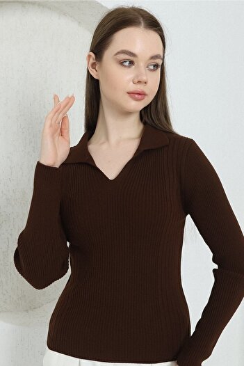 VEGENZE Women's Brown Polo V-Neck Knitwear Sweater