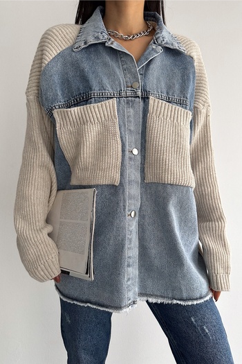FEMELLE Women's Beige Sleeves and Pocket Knitted Oversize Denim Denim Cardigan
