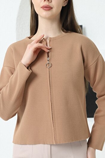 VEGENZE Women's Camel Steel Knit Zippered Knitwear Cardigan