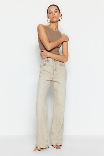 Trendyol Collection Beige Faded Effect Vintage Normal Waist Wide Leg Jeans TWOSS24JE00011