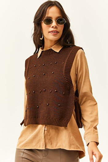 Olalook Women's Bitter Brown Side Tie Pearl Garnished Knitwear Sweater SVT-00000024