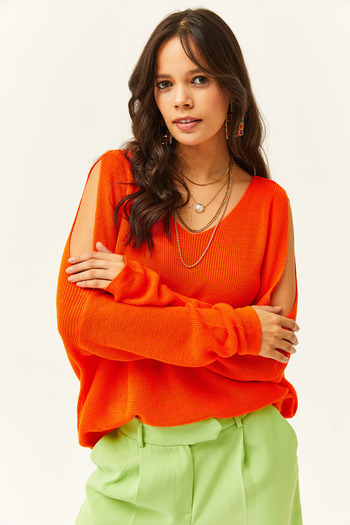 Olalook Women's Orange V-neck Shoulder Decollete Casual Knitwear Blouse BLZ-19002191