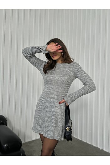 Elif Özbey Butik Γκρι Μίνι Πλεκτό Φόρεμα