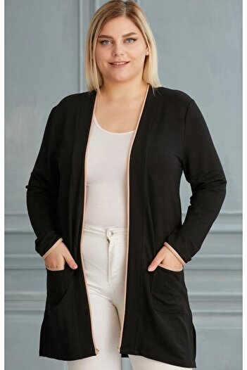 For Big Trend Women's Pocket Side Slits Beige Striped Front Open No Closure Flexible Knitted Cardigan