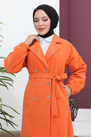 Modamihram Button Detailed Stash Coat Orange 19247