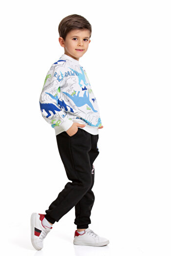 JOJOBAMBİNO Boy's Two Thread Raised Dinosaur Patterned Top and Bottom Tracksuit Set