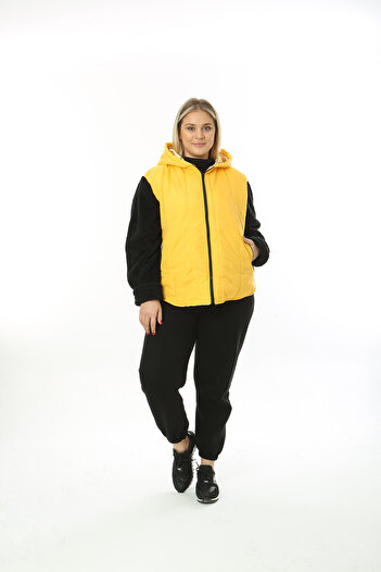 XL Modam WOMEN'S LARGE SIZE QUILTED YELLOW SLEVES BLACK PLUSH SHORT COAT