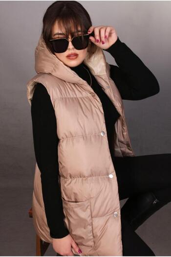 ÖNDER MODA Women's Beige Water and Windproof Oversize Hooded Seasonal Puffer Vest - 97_YLK