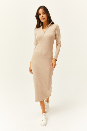 Olalook Women's Stone Zippered Stand-Up Collar Long Lycra Dress ELB-19001999