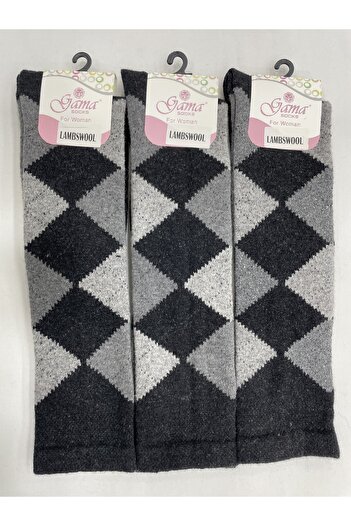Gama Çorap 3 Pieces Genuine Lamb Wool Plaid Long Below the Knee Thick Winter Women's Socks