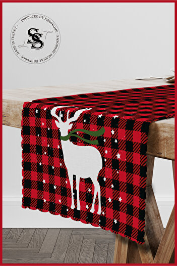SasoHome Red Christmas Plaid And Deers Patterned Quality Velvet Fabric 45x140 Cm Decorative Runner