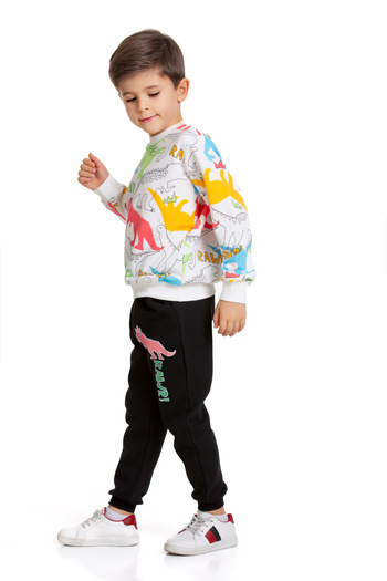 JOJOBAMBİNO Boy's Two Thread Raised Dinosaur Patterned Top and Bottom Tracksuit Set