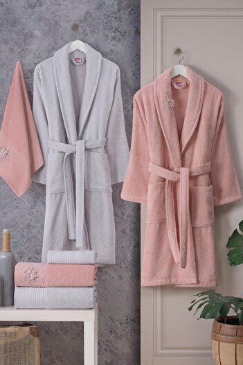 Hobby Line - Pamuklu Bornoz Seti - Pembe Gri