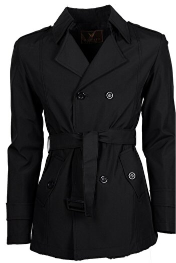 MASERTO Erkek Siyah Slim Fit Kısa Model Trençkot