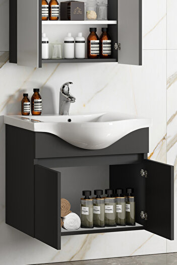 ÖZCEDEN Yıldız 55 cm Antrasit Gri Mat MDF Seramik Lavabolu Asma Banyo Alt Dolabı 