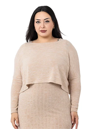 DISENTIS MODEST Plus Size Knitwear Dress Blouse Beige Color Double Set