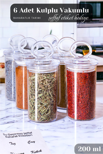 Serin Bardak 6 Pieces Spice Jar Set with Handles and Vacuum Lid (TRANSPARENT SPICE Label GIFT)