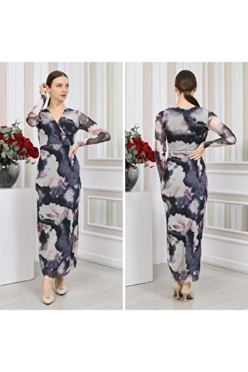 CİXAPLE V-Neck Lycra Printed Tulle Dress