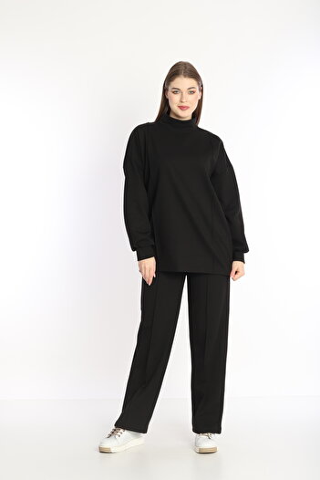 NEED LİFE Kadın Siyah Double Pamuk Kumaş Kapüşonlu Rahat Kalıp Dik Yaka Tunik Eşofman Takım - Nd 2356