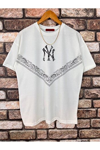 MARECASH Men's White NY Printed Oversize Tshirt