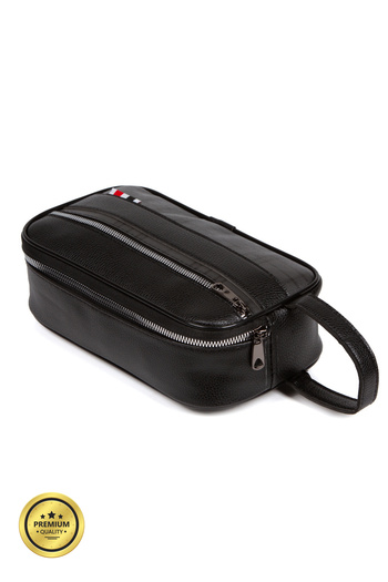Newish Black Leather Plaid Detailed Portfolio Clutch Bag Travel Cosmetic Bag Men's Clutch Bag