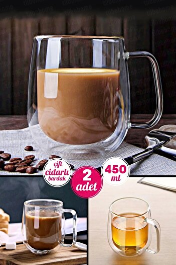 Tilbe Home 2-Piece Double Walled Glass Mug Cup 450ml Home Office Cup Double Deck Heat Insulated Glass Cup with Handle