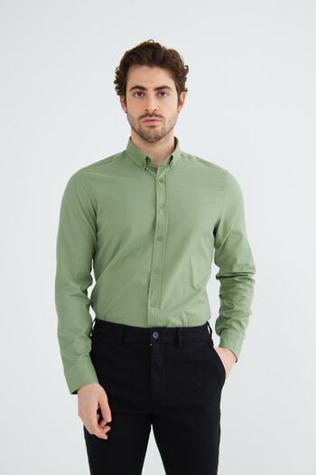 RAVANELLI Khaki Slimfit Cotton Oxfort Lycra Collar Buttoned Long Sleeve Men's Shirt G490