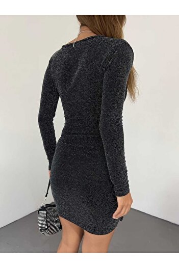 shemonna ROCHIE DE Seară MINI ROCHIE DE Seară pentru FEMEI, țesătură argintie, cu mânecă lungă, cu decolteu încrucișat