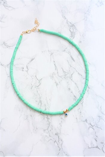 Neva TURQUOISE COLOR PHYMO BEAD MURANO STONE EVIL EYE BIGUTERY NECKLACE