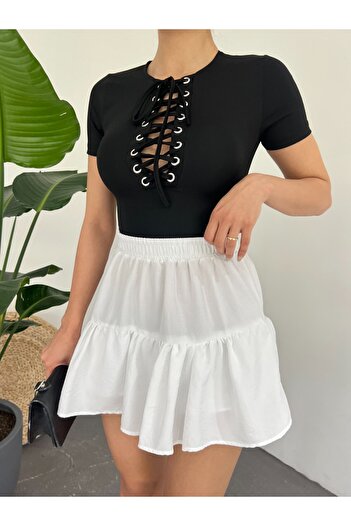 Modamorfo Black Crop T-Shirt - Slim Fit with Bird Eye Detail and Tie-Up
