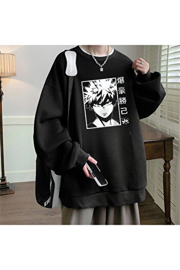 Touz Аніме Harajuku My Hero Academia Katsuki Bakugo Printed Black Unisex Unisex Large Crew Neck Sweaters