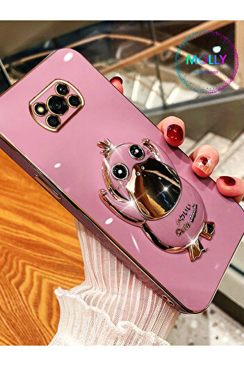 Molly Luxury Silicone Case for Poco X3 Pro with Pearl White Cute Duck Stand Edges Gold Detail