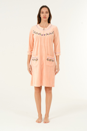 İntensive Women's Zippered Embroidery Detailed Cotton Velvet Dress