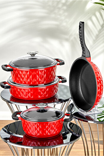 Taç Carabella Cast Glass Lid 7 Piece Pot Set Red