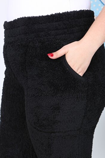 xlargebutik PLUS SIZE CLOTHING PLUSH FLEECE BLACK PANTS HIGH WAIST FULL FLEXIBLE COMFORTABLE