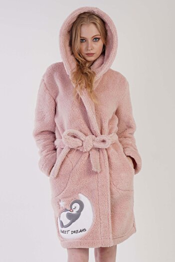 VİENETTA Women's Short Welsoft Hooded Pink Dressing Gown 3C0T6N0O47