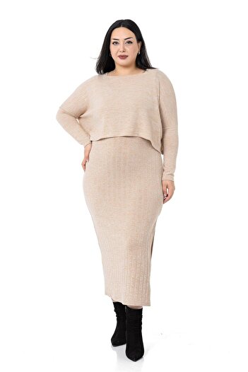DISENTIS MODEST Plus Size Knitwear Dress Blouse Beige Color Double Set