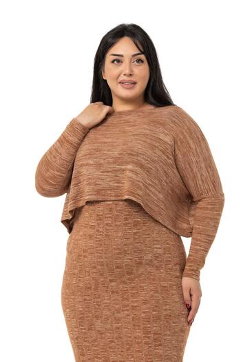 DISENTIS MODEST Plus Size Knitwear Dress Blouse Brown Double Set