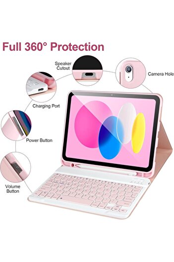 m.tk moveteck İpad 11.nesil A16 2025/10.nesil 10.9 Uyumlu Tablet Klavyeli Kılıf Kablosuz Bluetooth Kalem Bölmeli