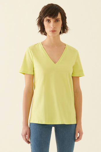 Perspective Coras Regular Fit V-Neck Standard Size Lime Color Women's T-Shirt