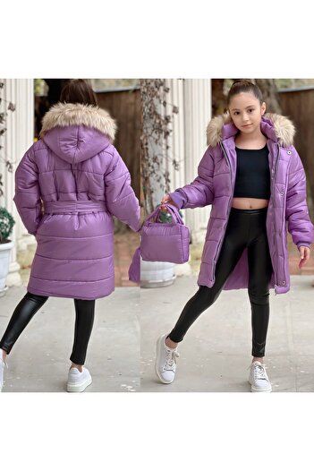 Calisa Waterproof Girl's Fur Hooded Black Inflatable Long Coat Coat