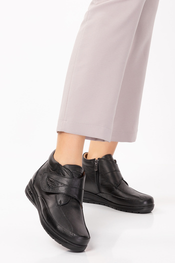 Akgün Terlik Women's Black Genuine Leather Velcro Orthopedic Boots