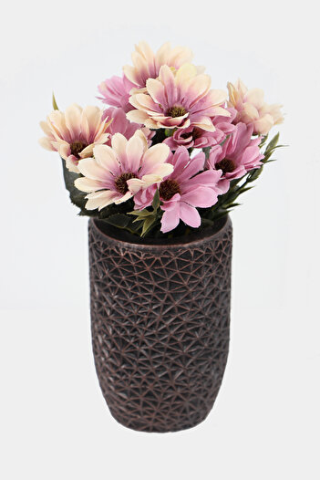 Yapay Çiçek Deposu Artificial Daisy Decoration in Luxury Concrete Retro Chubby Vase 25 cm Cream-Purple