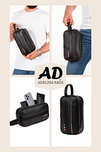 Newish Black Leather Plaid Detailed Portfolio Clutch Bag Travel Cosmetic Bag Men's Clutch Bag