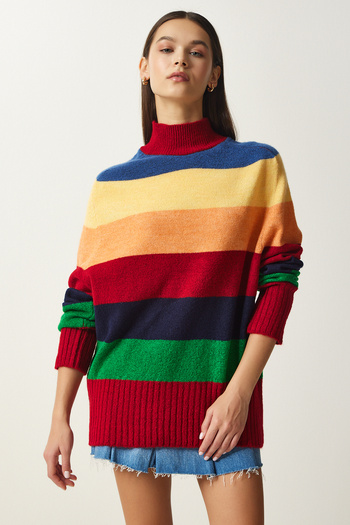Happiness İstanbul Women's Red Block Color Striped Oversize Knitwear Sweater MX00149