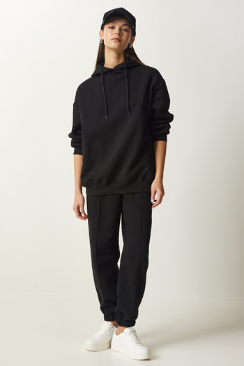 Happiness İstanbul Schwarzes Damen-Trainingsanzug-Set mit Schal und Kapuze, gestrickt, DD01279