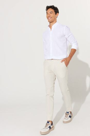 ALTINYILDIZ CLASSICS Men's Beige Slim Fit Slim Fit Seersucker Patterned Flexible Trousers with Side Pockets