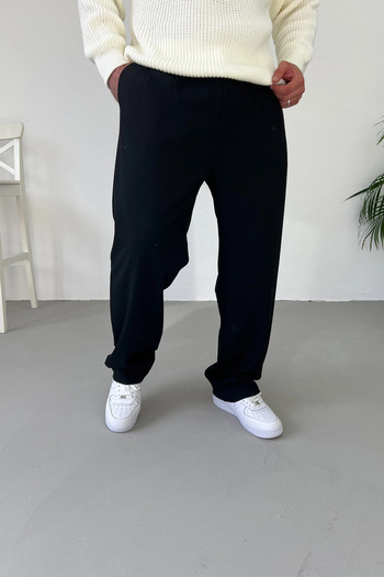 MENOFOURSWEAR Baggy Fit Pleated Elastic Waist Fabric Trousers Black