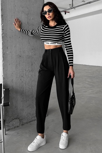 FEMELLE Women's Black High Waist Full Lycra Shalwar Cut Fabric Trousers