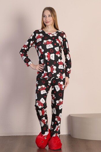 Seamoda Teddy Bear And Heart Patterned Cotton Long Sleeve Black Plus Size Comfortable Women's Pajamas
